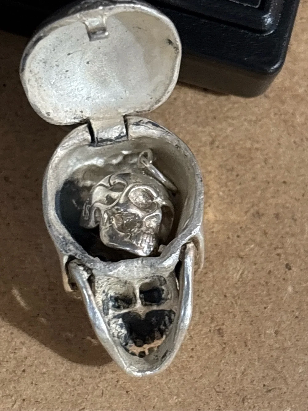 Silver 925  Skull With Hinge Jaw And Hidden Storage Pendant With Miniature Skull